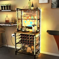 Meuble Casier à Vin aevc Station de Charge Intégrée, Porte-Bouteille pour 9 Verres et 24 Bouteilles, 162,5x48x76CM