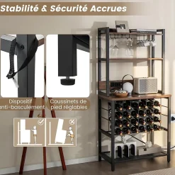Meuble Casier à Vin aevc Station de Charge Intégrée, Porte-Bouteille pour 9 Verres et 24 Bouteilles, 162,5x48x76CM