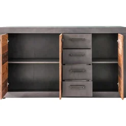 Meuble chambre. Commode avec 4 tiroirs en mélaminé coloris gris ciment portes bois effet vieilli. L - H - P : 151 - 86 - 37 cm.