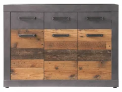 Meuble chambre. Commode avec 3 tiroirs en mélaminé coloris gris ciment portes bois effet vieilli. L - H - P : 117 - 86 - 37 cm.
