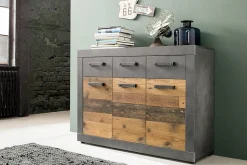 Meuble chambre. Commode avec 3 tiroirs en mélaminé coloris gris ciment portes bois effet vieilli. L - H - P : 117 - 86 - 37 cm.