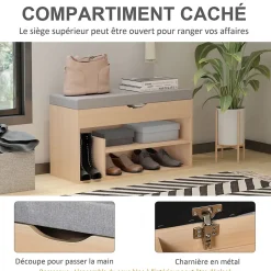 Meuble chaussures banc à chaussures 2 niveaux rangement, niche + coffre intégré avec coussin beige gris