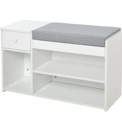 Meuble chaussures banc à chaussures 2 niveaux rangement, niche, tiroir, coffre intégré avec coussin gris blanc