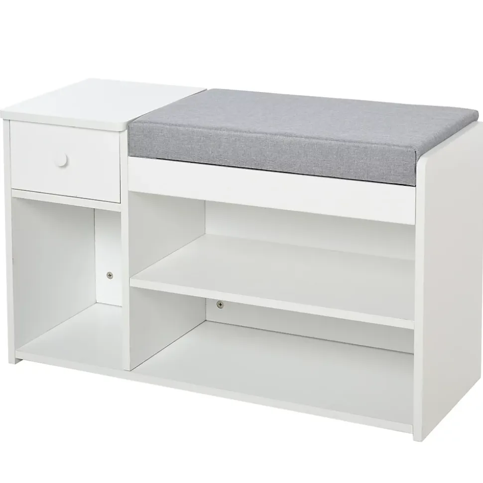 Meuble chaussures banc à chaussures 2 niveaux rangement, niche, tiroir, coffre intégré avec coussin gris blanc