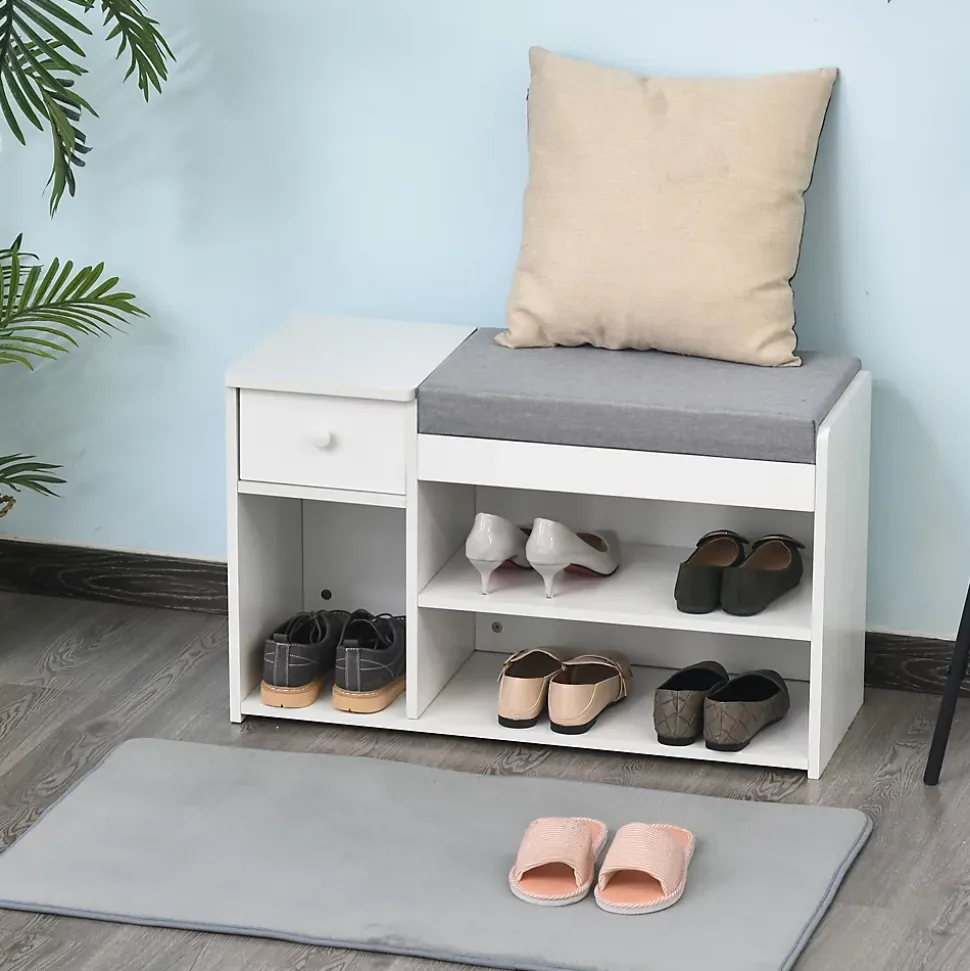 Meuble chaussures banc à chaussures 2 niveaux rangement, niche, tiroir, coffre intégré avec coussin gris blanc