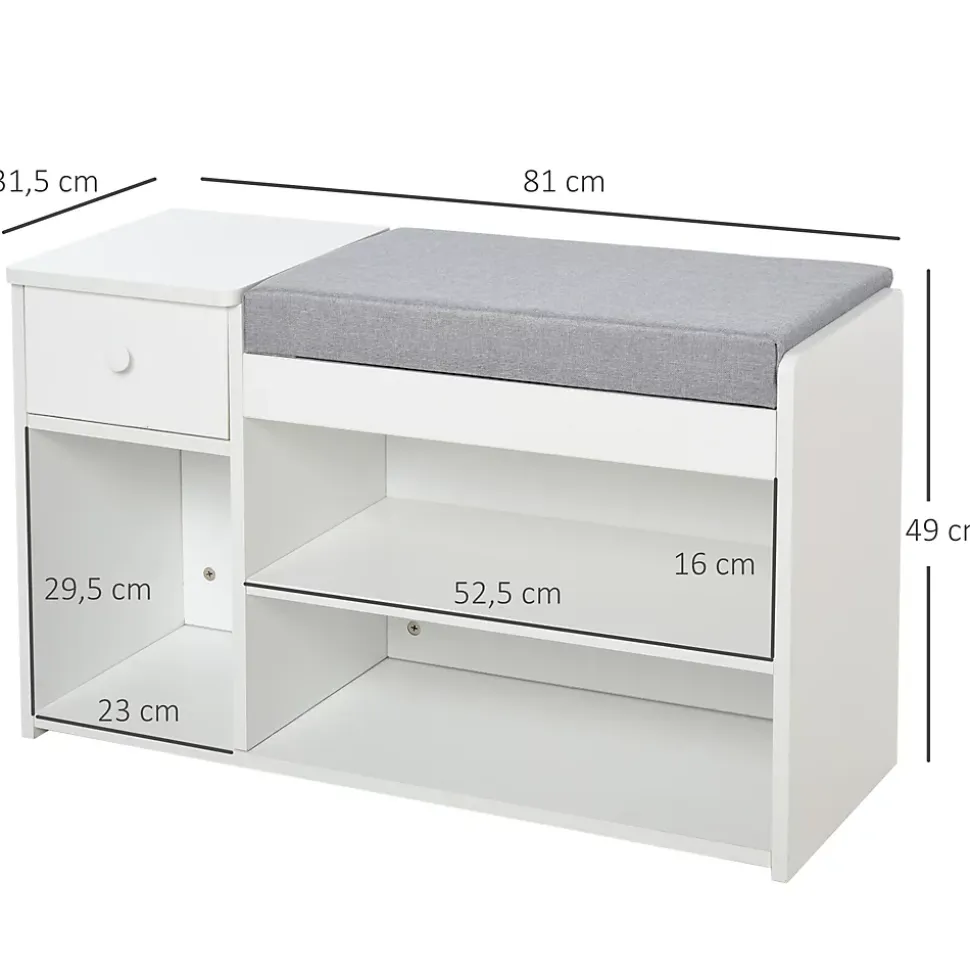 Meuble chaussures banc à chaussures 2 niveaux rangement, niche, tiroir, coffre intégré avec coussin gris blanc