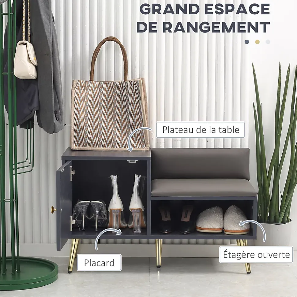 Meuble chaussures banc à chaussures style art déco placard niche banquette assise dossier PU acier doré panneaux gris
