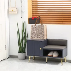 Meuble chaussures banc à chaussures style art déco placard niche banquette assise dossier PU acier doré panneaux gris