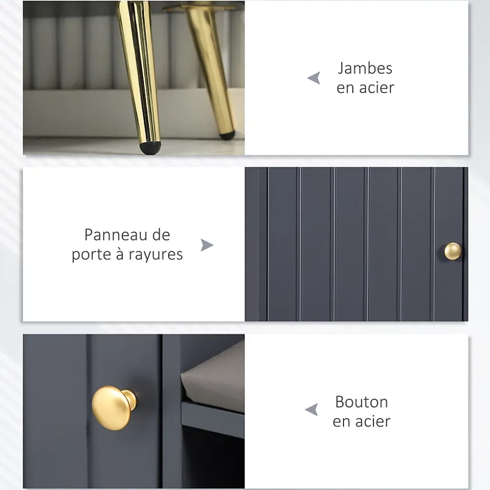 Meuble chaussures banc à chaussures style art déco placard niche banquette assise dossier PU acier doré panneaux gris