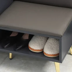 Meuble chaussures banc à chaussures style art déco placard niche banquette assise dossier PU acier doré panneaux gris