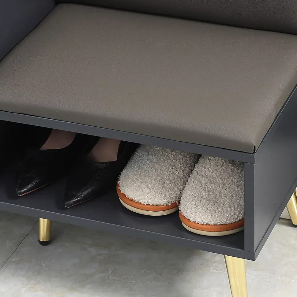 Meuble chaussures banc à chaussures style art déco placard niche banquette assise dossier PU acier doré panneaux gris