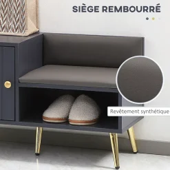 Meuble chaussures banc à chaussures style art déco placard niche banquette assise dossier PU acier doré panneaux gris