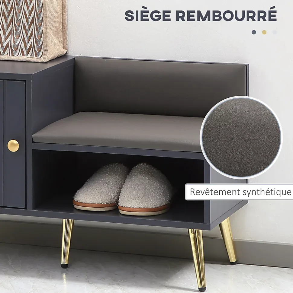 Meuble chaussures banc à chaussures style art déco placard niche banquette assise dossier PU acier doré panneaux gris