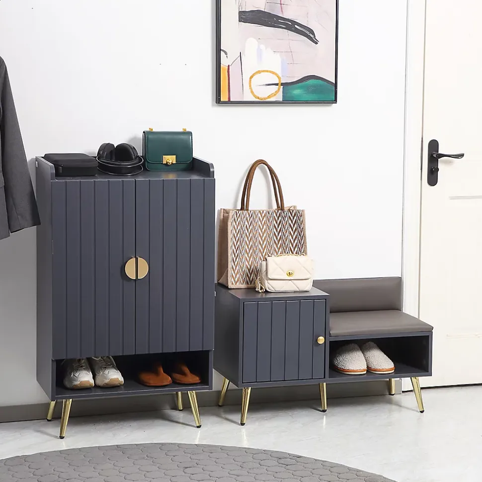 Meuble chaussures banc à chaussures style art déco placard niche banquette assise dossier PU acier doré panneaux gris
