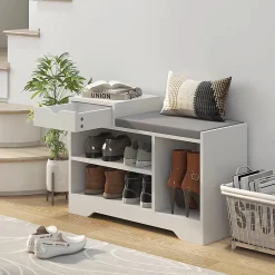 Meuble chaussures banc à chaussures tiroir 3 niches coussin gris inclus panneaux blanc