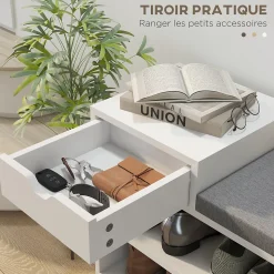 Meuble chaussures banc à chaussures tiroir 3 niches coussin gris inclus panneaux blanc