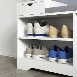 Meuble chaussures banc à chaussures tiroir 3 niches coussin gris inclus panneaux blanc