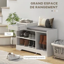 Meuble chaussures banc à chaussures tiroir 3 niches coussin gris inclus panneaux blanc