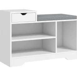 Meuble chaussures banc à chaussures tiroir 3 niches coussin gris inclus panneaux blanc