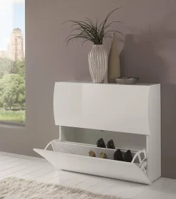 Meuble chaussures Dabayom, Armoire polyvalente avec 2 portes pliantes, 101x27h82 cm, Blanc brillant