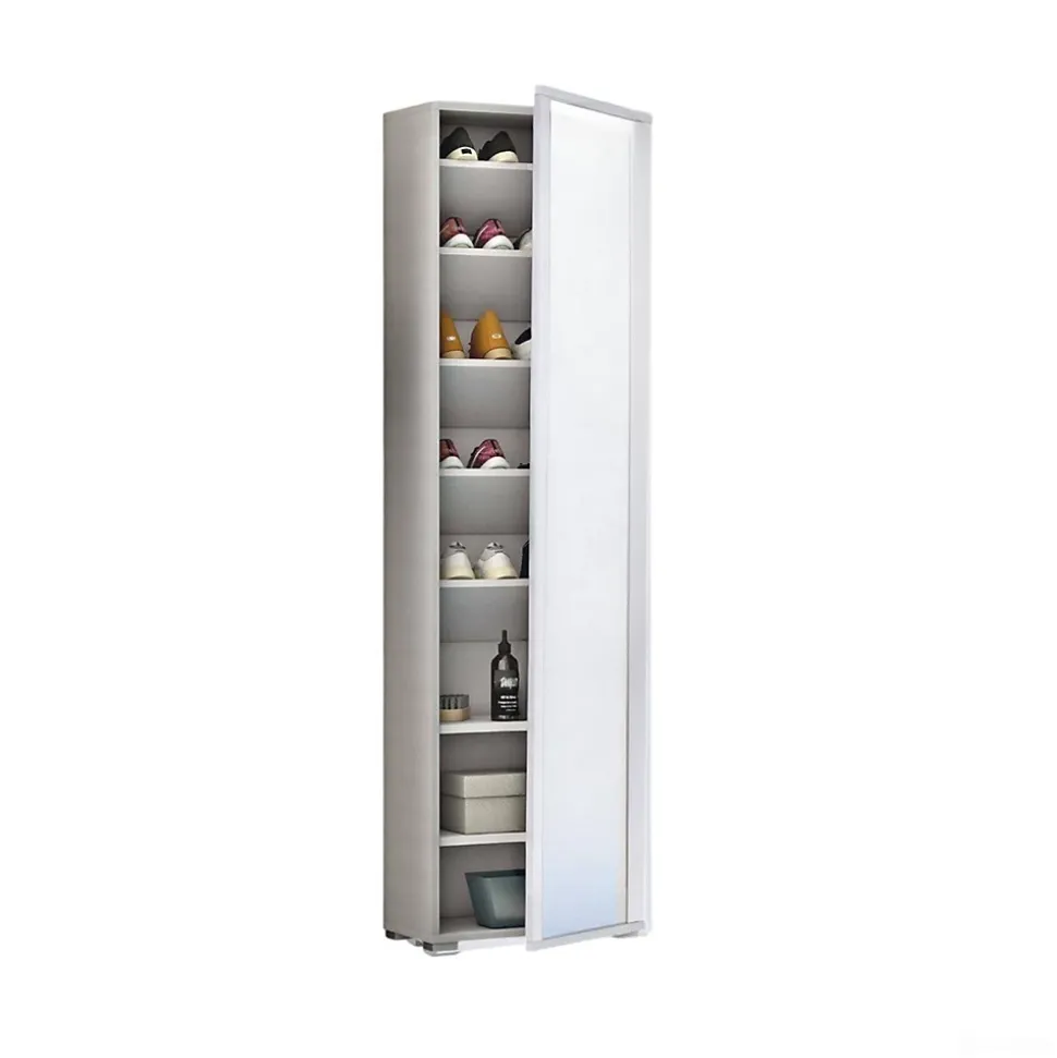 Meuble chaussures Dcandel, Meuble d'entrée polyvalent avec porte miroir, Meuble à chaussures avec 7 étagères, 50x32hx182 cm, Blanc