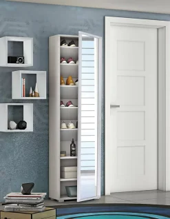 Meuble chaussures Dcandel, Meuble d'entrée polyvalent avec porte miroir, Meuble à chaussures avec 7 étagères, 50x32hx182 cm, Blanc