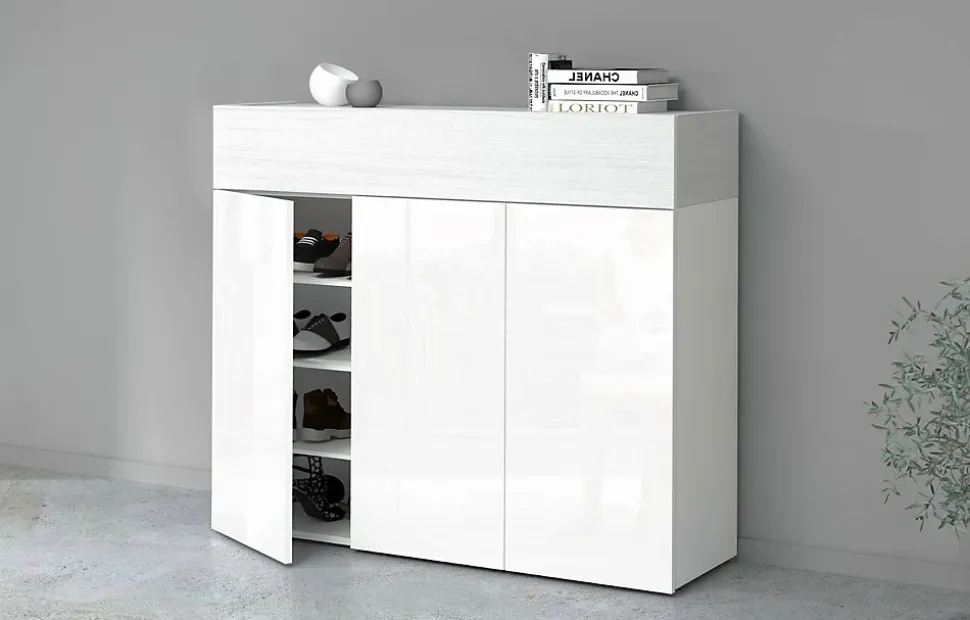 Meuble chaussures Dcanestrell, meuble à chaussures peu encombrant à 4 portes, 114x38h100 cm, effet mélèze blanc