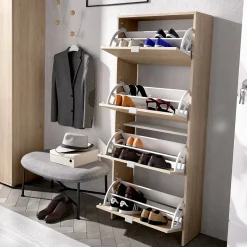 Meuble chaussures Dmurie, Meuble chaussures d'entrée peu encombrante, Meuble avec 4 portes pliantes, 61x25h149 cm, Chêne