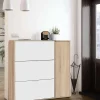 Meuble chaussures Provo, armoire à chaussures 4 portes, armoire basse polyvalente avec 5 étagères, 106x22h115 cm, chêne et blanc
