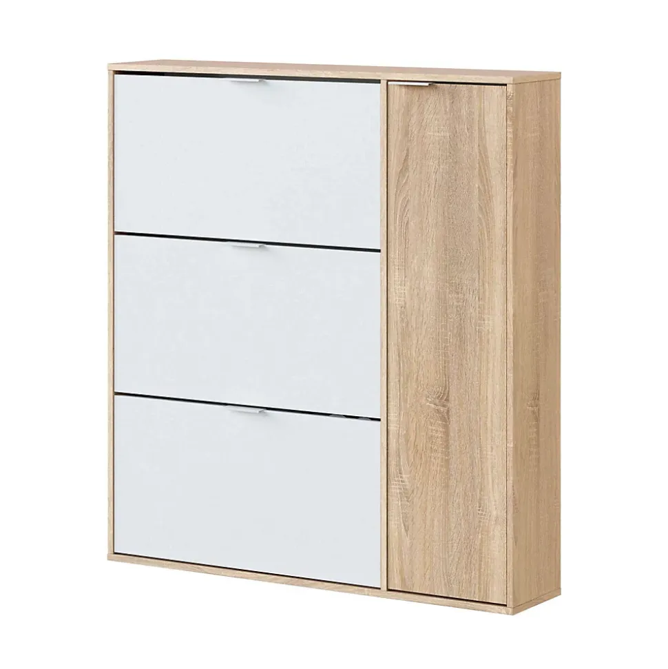 Meuble chaussures Provo, armoire à chaussures 4 portes, armoire basse polyvalente avec 5 étagères, 106x22h115 cm, chêne et blanc