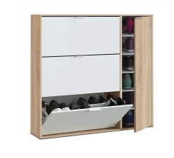 Meuble chaussures Provo, armoire à chaussures 4 portes, armoire basse polyvalente avec 5 étagères, 106x22h115 cm, chêne et blanc