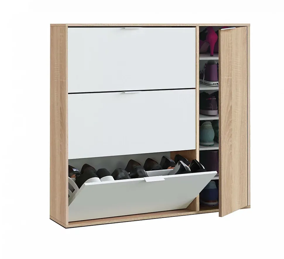 Meuble chaussures Provo, armoire à chaussures 4 portes, armoire basse polyvalente avec 5 étagères, 106x22h115 cm, chêne et blanc