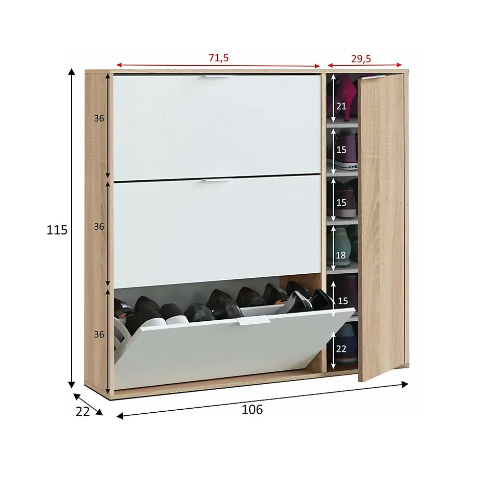 Meuble chaussures Provo, armoire à chaussures 4 portes, armoire basse polyvalente avec 5 étagères, 106x22h115 cm, chêne et blanc