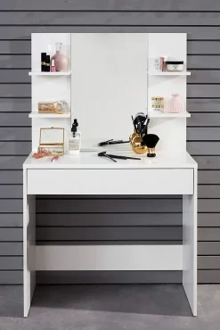 Meuble coiffeuse avec miroir en mélaminé blanc L/H/P: 85 - 141 - 40 cm