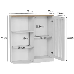 Meuble d'Angle Salle de Bain - Rangement avec Étagères ouvertes et Portes en Treillis, MDF, Blanc, 68x25x76 cm