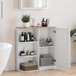 Meuble d'Angle Salle de Bain - Rangement avec Étagères ouvertes et Portes en Treillis, MDF, Blanc, 68x25x76 cm