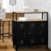 Meuble de bar buffet ESTER 3 portes en métal noir plateau façon hêtre