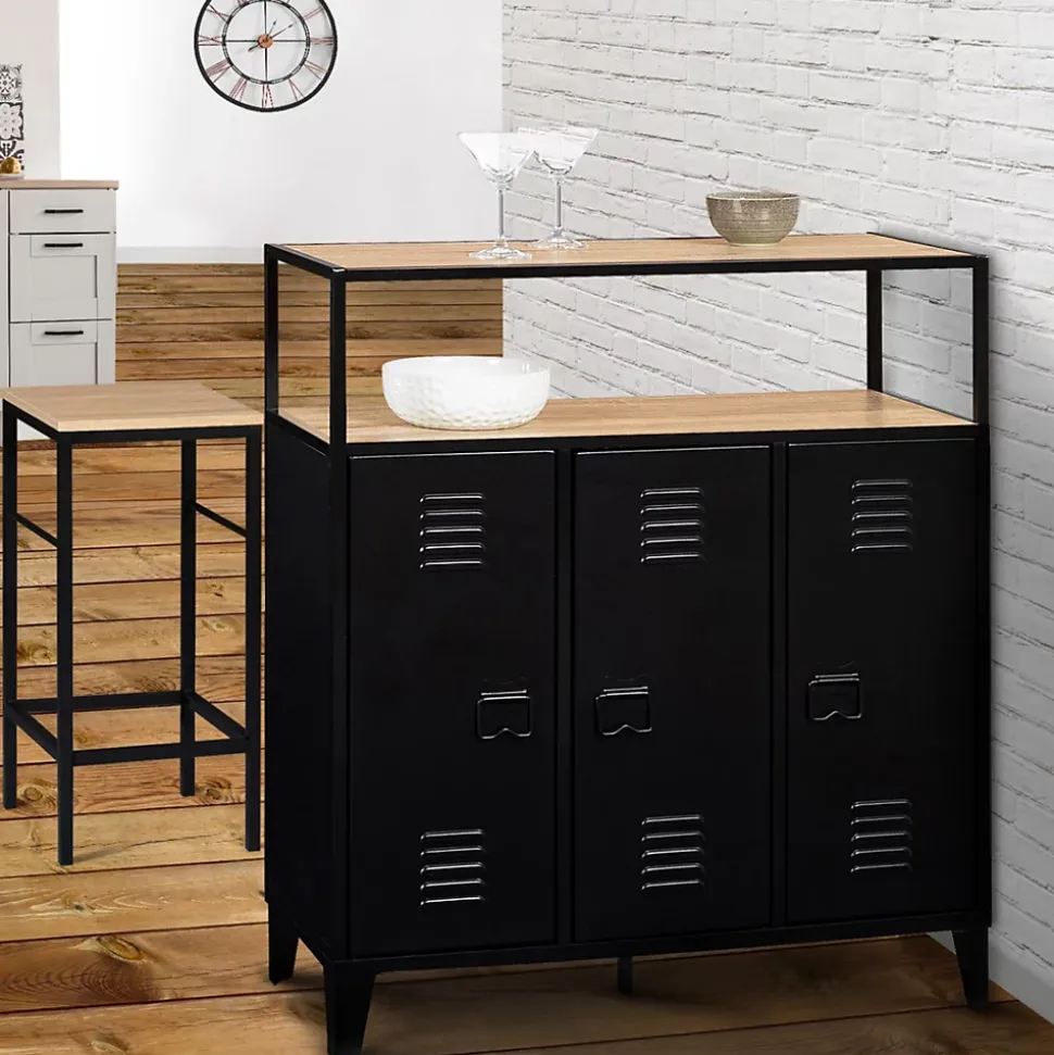 Meuble de bar buffet ESTER 3 portes en métal noir plateau façon hêtre