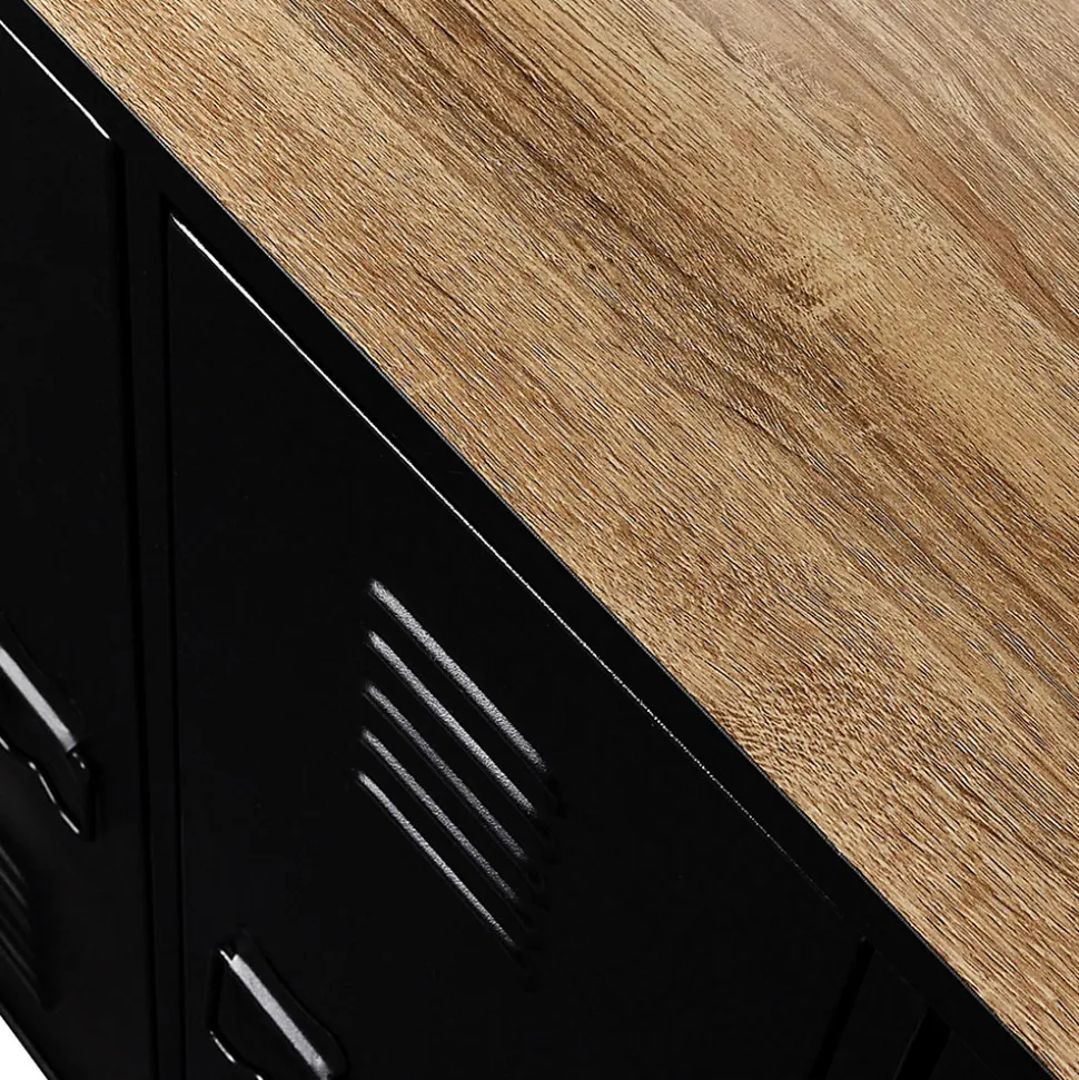 Meuble de bar buffet ESTER 3 portes en métal noir plateau façon hêtre