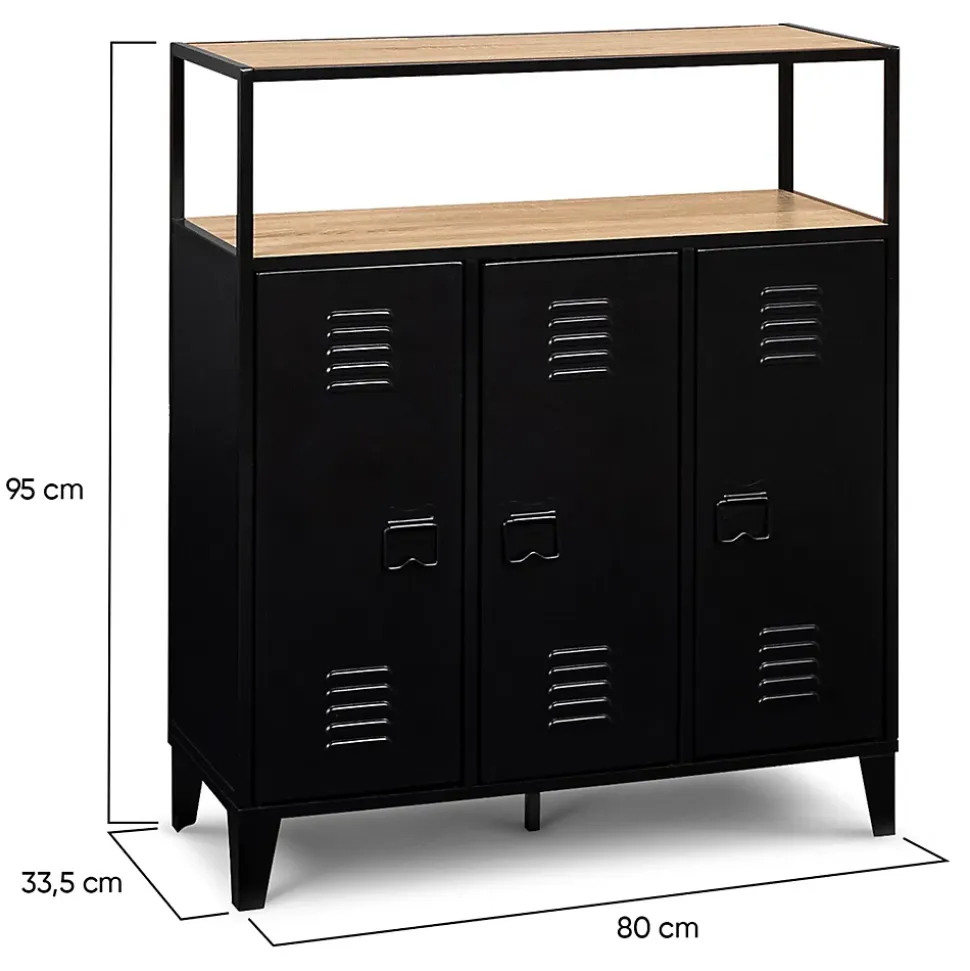 Meuble de bar buffet ESTER 3 portes en métal noir plateau façon hêtre