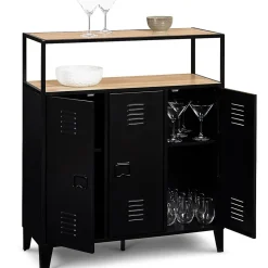 Meuble de bar buffet ESTER 3 portes en métal noir plateau façon hêtre