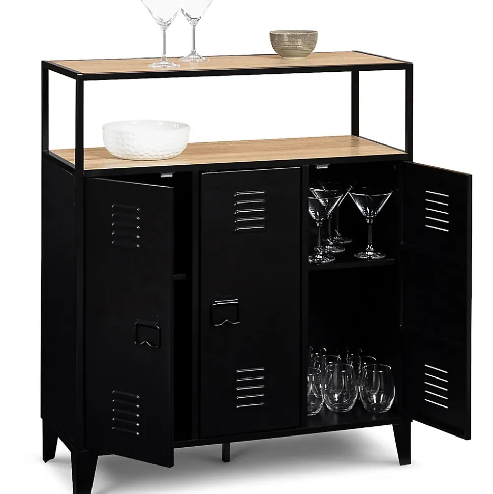 Meuble de bar buffet ESTER 3 portes en métal noir plateau façon hêtre