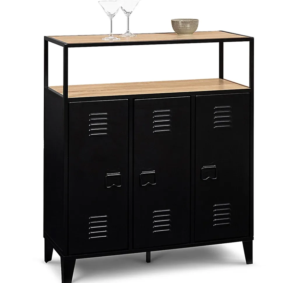 Meuble de bar buffet ESTER 3 portes en métal noir plateau façon hêtre