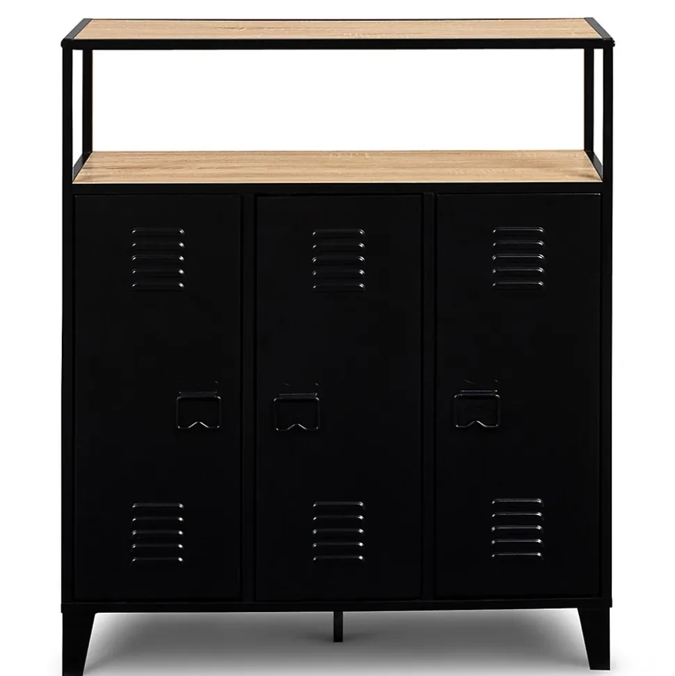 Meuble de bar buffet ESTER 3 portes en métal noir plateau façon hêtre