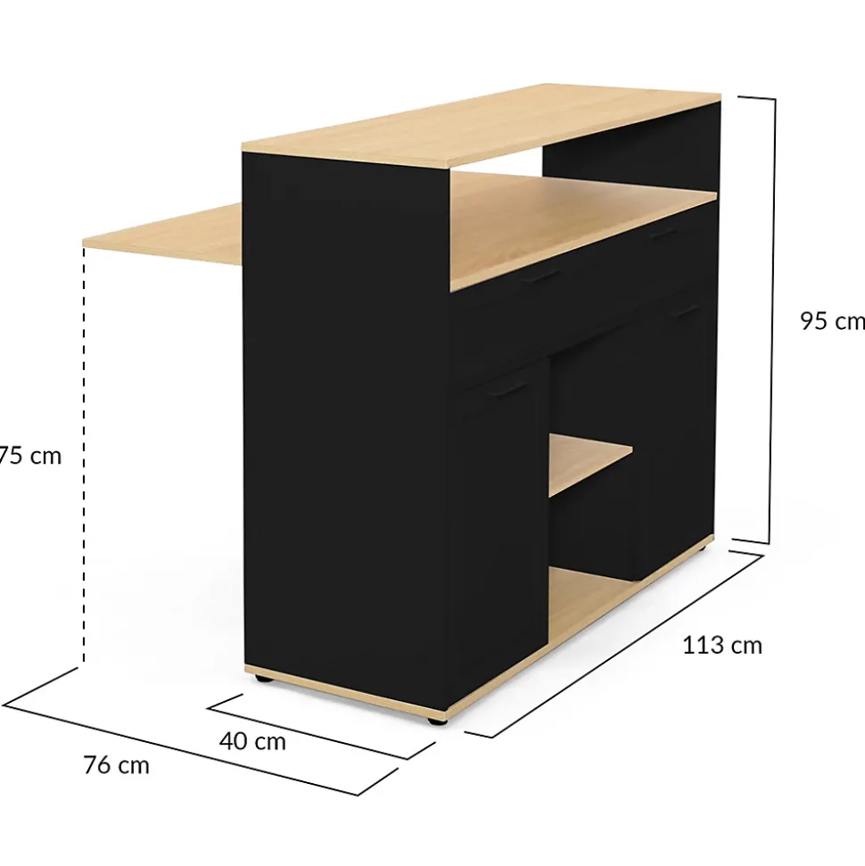 Meuble de bar extensible en table à manger 2 personnes VITO noir et plateau bois