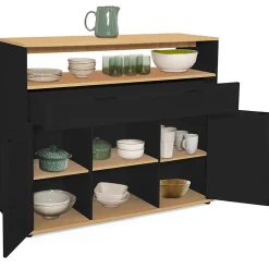Meuble de bar extensible en table à manger 2 personnes VITO noir et plateau bois