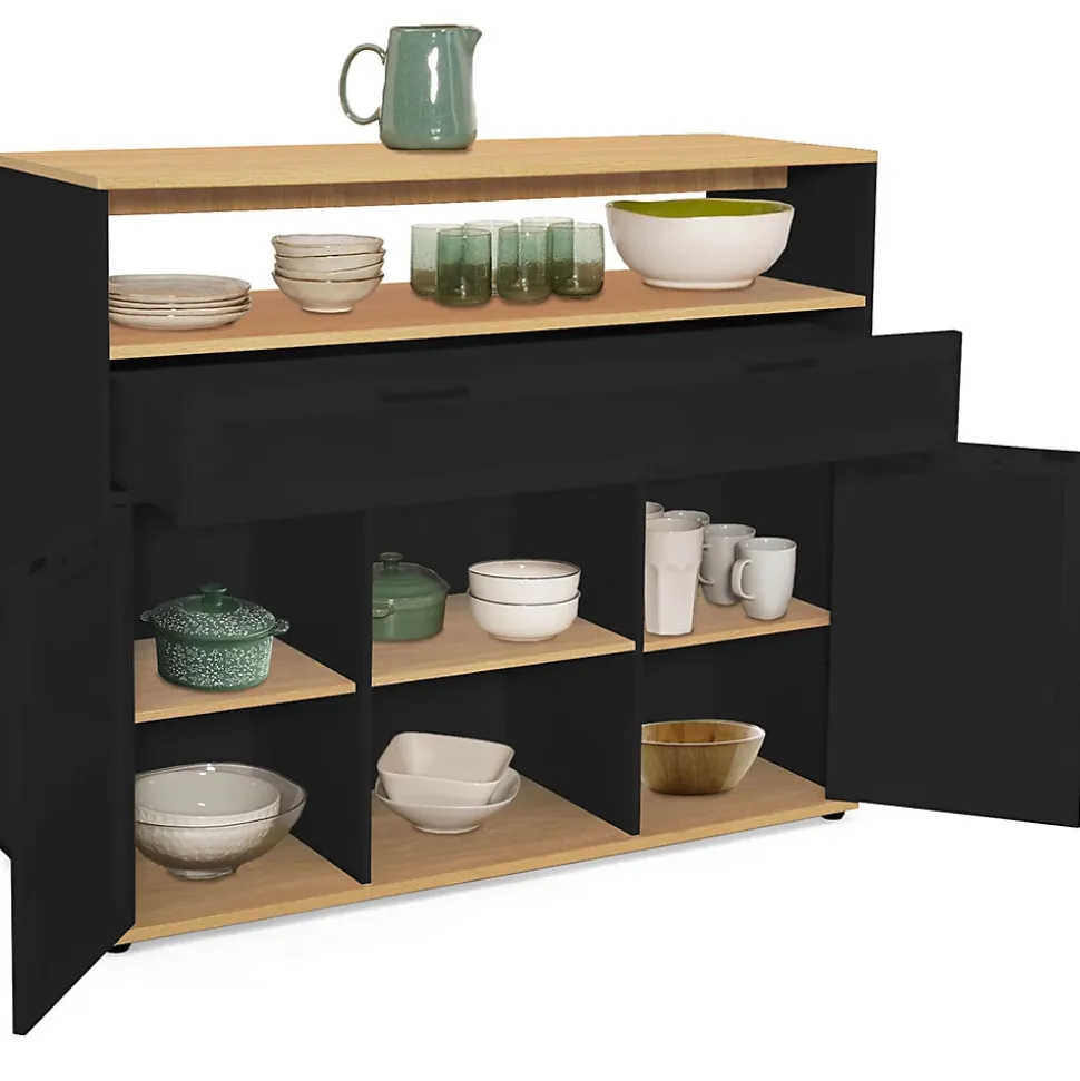 Meuble de bar extensible en table à manger 2 personnes VITO noir et plateau bois