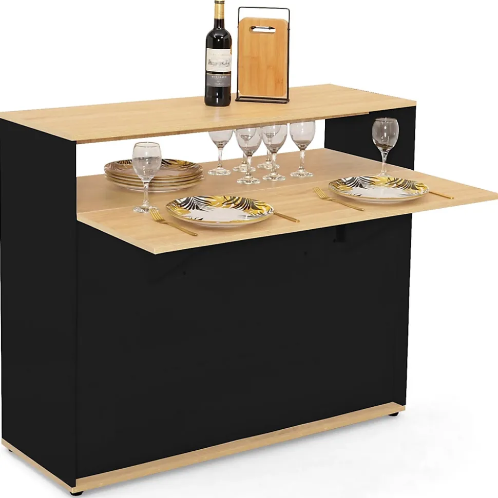 Meuble de bar extensible en table à manger 2 personnes VITO noir et plateau bois
