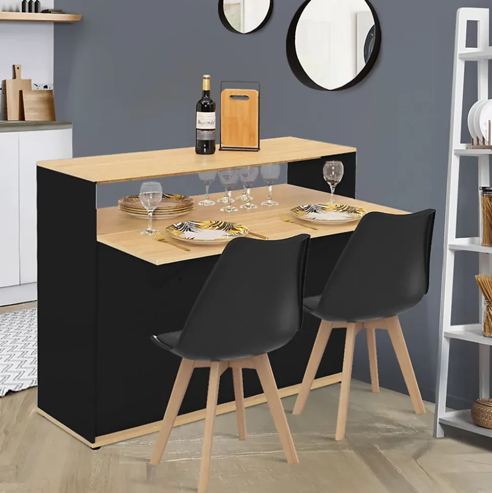 Meuble de bar extensible en table à manger 2 personnes VITO noir et plateau bois