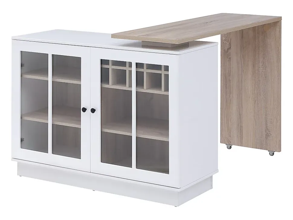 Meuble de bar pivotant avec rangements - Blanc et naturel - ARAMETA